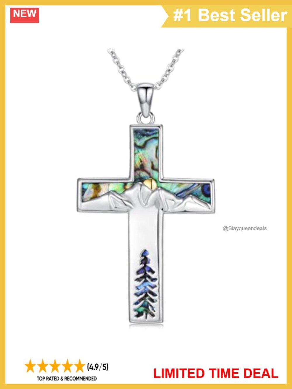 925 Sterling Silver Mountain Cross Pendant Necklace Abalone 18-20in